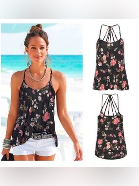 Lascana for Venus Floral Strappy Black Cami Top /Size Medium